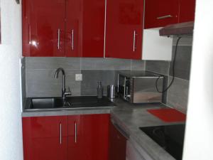 Les Adrets的住宿－Appartement Les Adrets-Prapoutel, 3 pièces, 7 personnes - FR-1-557-91，一间带红色橱柜和水槽的厨房