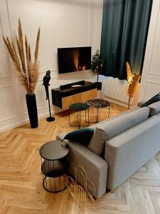a living room with a couch and a tv at Le Somptueux - Les Maisons de Madeleine in Nantes
