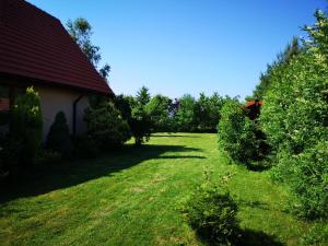 un patio con césped verde y una casa y árboles en Ustroń Dom Aneta, en Ustroń