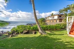 a palm tree and a house on the beach at Waimea Bay Shoreline House in Haleiwa