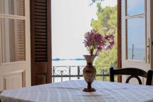 a vase with flowers on a table in front of a window at Στρατής in Nea Michaniona