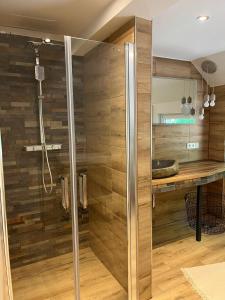 a shower in a bathroom with wooden walls at Haus am Deich in Butjadingen +37 photos