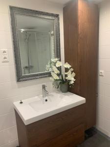 a bathroom with a sink with a mirror and flowers at Studio-Apartments Boulevard in Waldsassen
