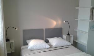 ein Schlafzimmer mit einem Bett mit zwei Kissen und zwei Lampen in der Unterkunft LE BLATIN in Clermont-Ferrand
