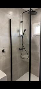 a shower with a glass door in a bathroom at Les Rives du Château in Châteauroux