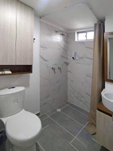 La salle de bains est pourvue de toilettes, d'un lavabo et d'une douche. dans l'établissement Cálido apartaestudio en La Castellana, à Armenia