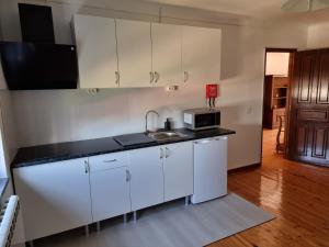 een keuken met witte kasten, een wastafel en een magnetron bij Casa do Espadanal in Vila Real