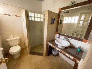 a bathroom with a toilet and a sink and a shower at Hotel Ave del Paraíso in San José