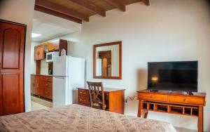 um quarto com uma cama, uma televisão e uma cozinha em Saba Arawak Hotel em Windwardside