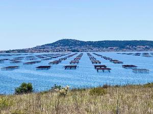 a row of benches in the middle of the water at Maison de Vacances à Loupian avec Piscine et Tennis - Idéal Famille - FR-1-604-9 in Loupian