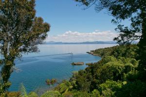 vistas a una gran masa de agua con árboles en The Point Luxury Villa en Taupo