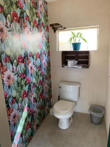 a bathroom with a toilet and a flower shower curtain at Desert Heart Hostel in San José del Cabo