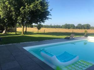 a swimming pool with a couch and a bench in a yard at Cabane au cœur du Vignoble Nantais avec piscine privative chauffée - FR-1-306-1210 in Aigrefeuille-sur-Maine +7 photos