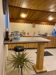 a kitchen with a counter and a table with a plant at MiaDa’bia in Madaba