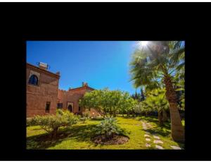 Had Abdallah RhiatPalace with 2 villas and 2 swimming pools in Sidi Abdellah Ghiat的庭院前有棕榈树的建筑