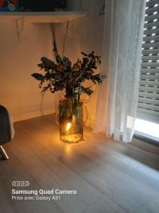 a vase filled with flowers and a candle in a room at Les Hauts de Perpigna in Royan