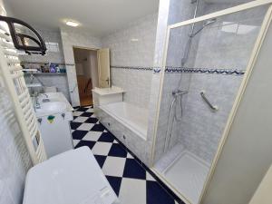uma casa de banho com um chuveiro, um WC e um lavatório. em Gîte Franconville, 3 pièces, 4 personnes - FR-1-584-181 