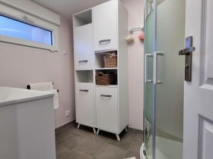 a bathroom with a shower and a sink at Gîte tout inclus avec jardin clos, terrasse privative, proche forêt et randonnées, 1 chambre, 1 canapé-lit - FR-1-510-168 in Preux-au-Bois +27 photos