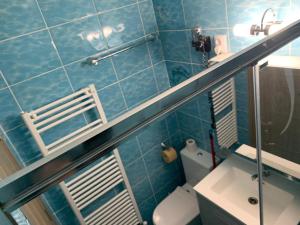 シビウにあるGarsoniera Nataliaの青いタイル張りのバスルーム(トイレ、シンク付)