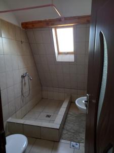 ein Bad mit einer Dusche und einem Waschbecken in der Unterkunft Casa Kiev in Sibiu