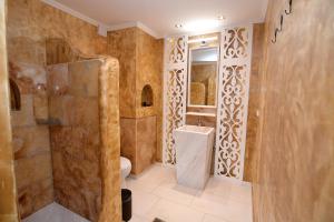 a bathroom with a shower and a toilet at Amina Hanem Boutique Apartments in Kavala +43 photos
