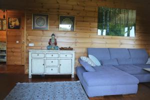 a living room with a blue couch and a table at Norwegisches Blockhaus mit Gartensauna in Bad Münstereifel +31 photos