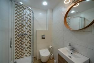 une salle de bain avec toilettes, lavabo et miroir dans l'établissement Apartament Sun & Ski Weekend Willa Nad Łomnicą 15 - centrum 100m, à Karpacz 16 autres photos
