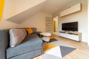 uma sala de estar com um sofá e uma televisão em Apartament Sun & Ski Weekend Willa Nad Łomnicą 15 - centrum 100m em Karpacz