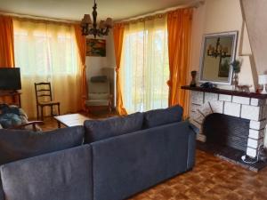 a living room with a blue couch and a fireplace at Clef Secrète in Amboise