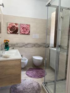 uma casa de banho com um chuveiro, um WC e um lavatório. em La Casa dei Nonni em Avigliano