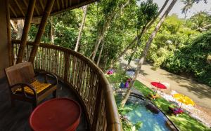 a balcony with a view of a pool and trees at Bamboo Turtles Ecolodge in Ubud