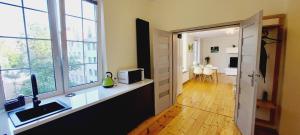 a room with a kitchen with a sink and a window at Central Apartments Chlebnicka 1 in Gdańsk