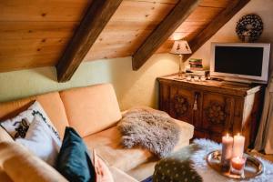 a living room with a couch and a tv at Almchalet bei Pörtschach in Obergöriach
