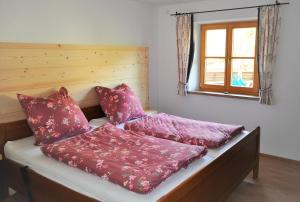 een bed met rode kussens en een raam bij Ferienwohnung Reiter in Anger