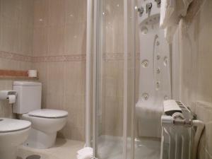 a bathroom with a shower and a toilet and a sink at Hotel Rompeolas in Baiona