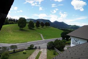a road on a green hill with trees and mountains at Haus Alpenland in Mariazell