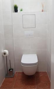 La salle de bains est pourvue de toilettes blanches. dans l'établissement Aukštaičių apartamentai, à Rokiškis