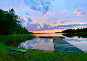 a wooden dock on a lake with a bench at Amalka Wita in Sulęczyno