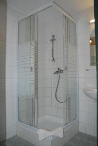 a shower with a glass door in a bathroom at Bélkő Panzió in Bélapátfalva
