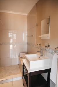 a bathroom with a white sink and a shower at Mitre's Edge Vineyard Studio in Klapmuts