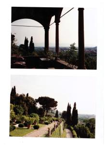 duas fotografias de um jardim com árvores e uma vista em Villa Rucellai em Prato