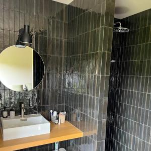 a bathroom with a sink and a mirror at La Maison dans l'Airial, maison d'architecte en pleine nature, PISCINE in Onesse-et-Laharie