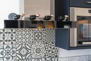 a kitchen with a counter with birds on it at No.1 The Prom in Westward Ho