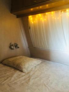 a room with a bed with a curtain and lights at La Ferme de Rotani in Aléria