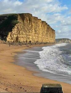 a sandy beach with a large cliff and the ocean at Large property which is all about location, location , location ! Lovely Comfortable 2 bedroom flat which is spacious and one of the best value properties of this size so close to the sea , beaches and restaurants 1 min to the sea ! in Lyme Regis
