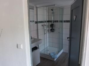 a bathroom with a shower and a sink at Ferienwohnung Palatina Annweiler in Annweiler am Trifels +17 photos