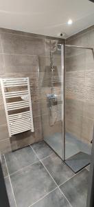 La salle de bains est pourvue d'une douche avec une porte en verre. dans l'établissement Appartement F2 dans le centre historique, au Puy-en-Velay