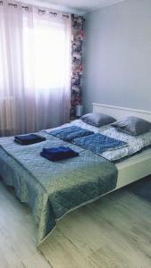 a bedroom with two beds with blue sheets and a window at Przy Amfiteatrze in Kętrzyn