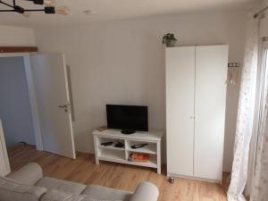 a living room with a couch and a television at Ferienwohnung Palatina Annweiler in Annweiler am Trifels