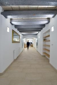 un corridoio in un edificio con soffitto in legno di Appartement-Hotel GH Zum Goldenen Schiff a Enns